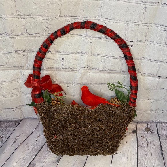 Christmas Cardinal hanging décor half basket Buffalo plaid RED BLACK - Picture 3 of 3